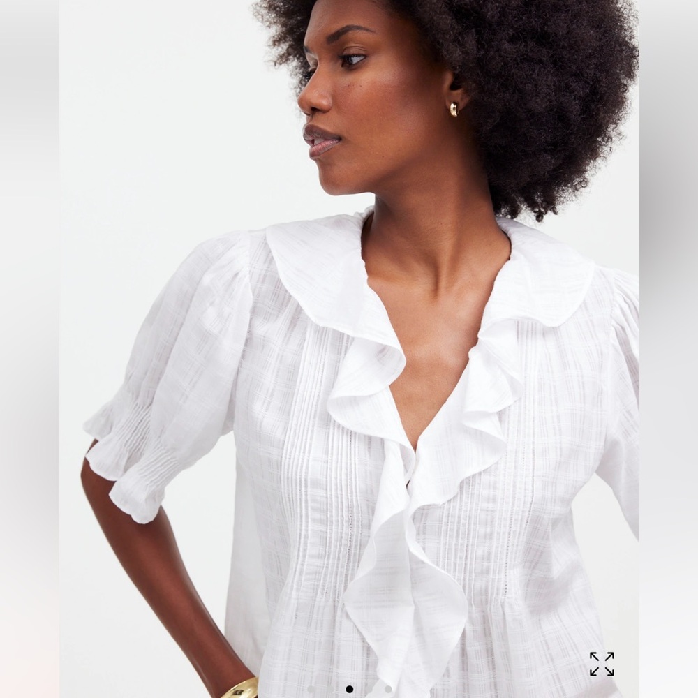 Ruffle Puff-Sleeve Peplum Top in Windowpane